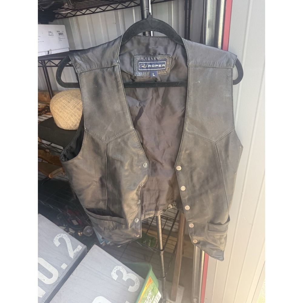 Roper Black Leather Motorcycle Biker Vest Men's Large Western Snap USA Sheriff
